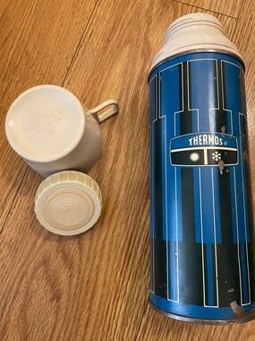 Vintage Thermos Blue and Black Striped Insulated Bottle with Cap and cup